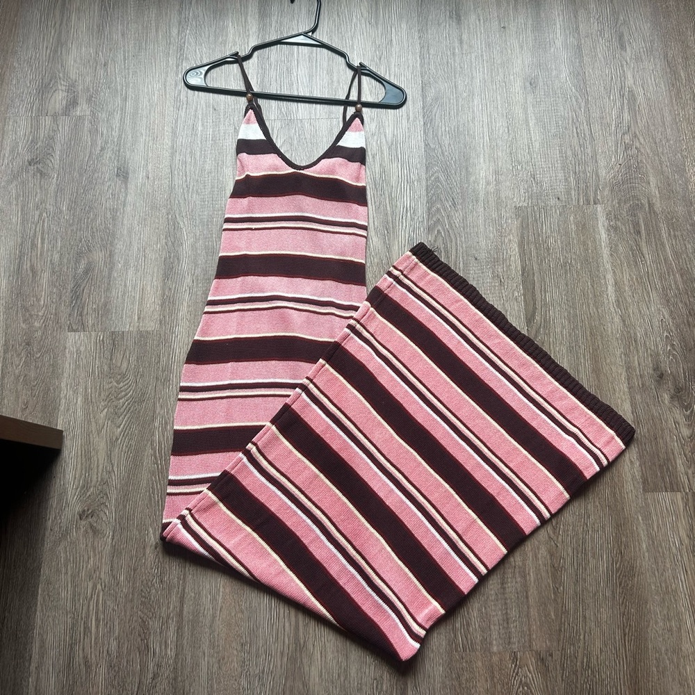 Pink, brown, and white horizontal striped dress.